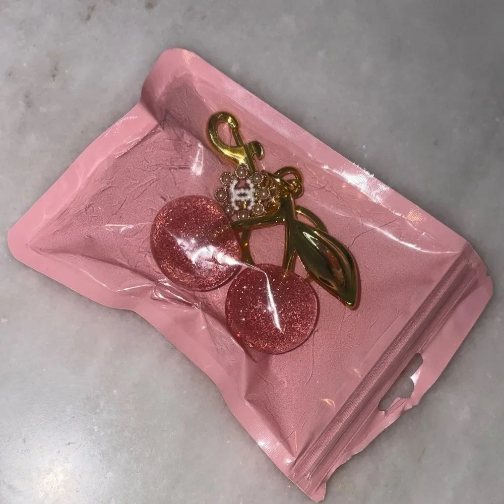 Cherry Bag Charm Keychain Pink Glitter  Kawaii Fashion Accessory NEW